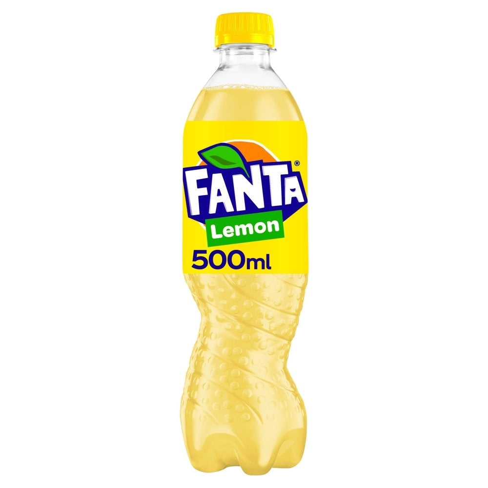 Fanta Lemon Citrus Soda 500ml bottle — bright yellow label with condensation on the bottle, ready to drink