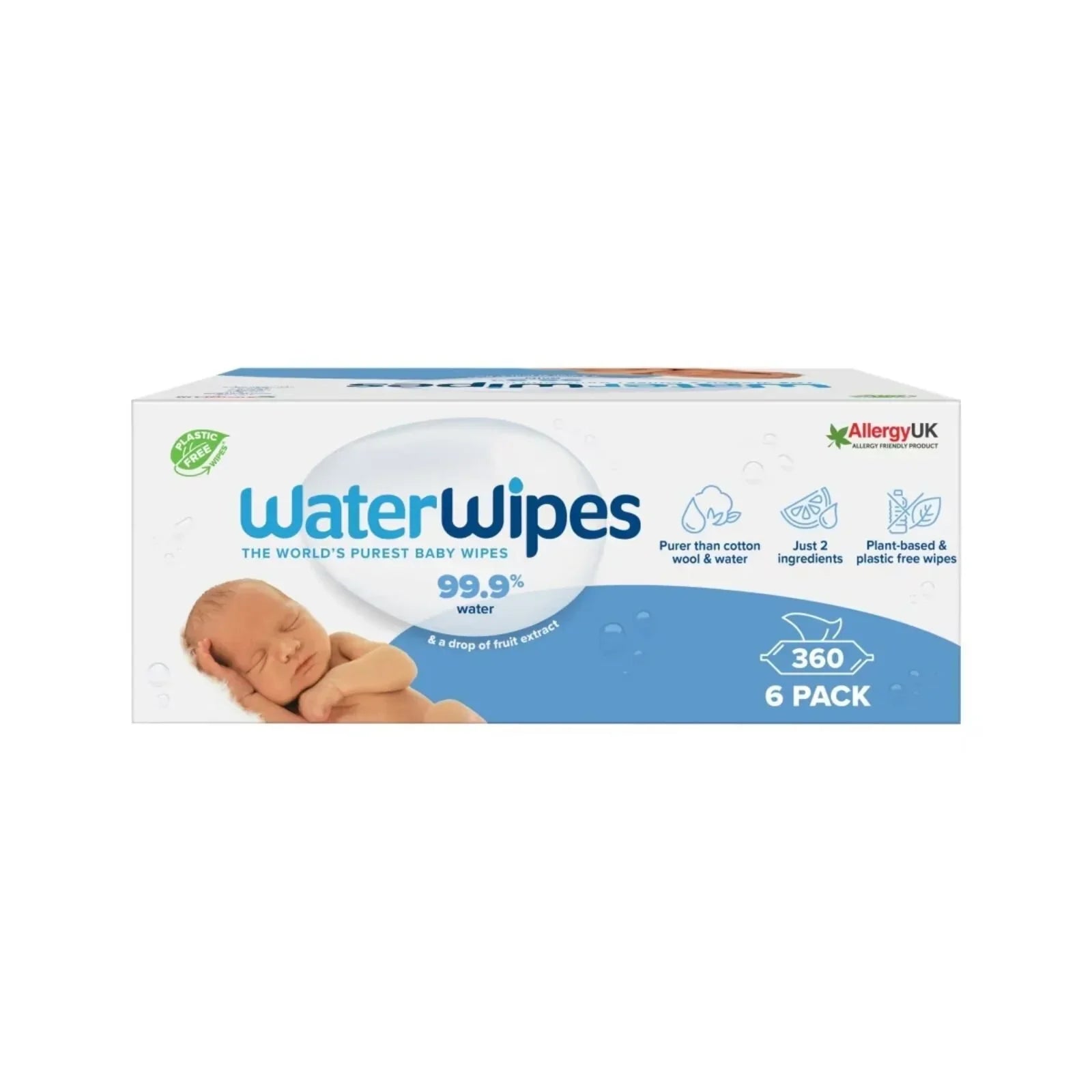 WaterWipes Sensitive Baby Wipes 6x60 – 99.9% ultra-purified water and fruit extract, fragrance-free paraben-free sulphate-free, 100% biodegradable plant fibres, clinically proven for premature and newborn sensitive skin, Allergy UK certified