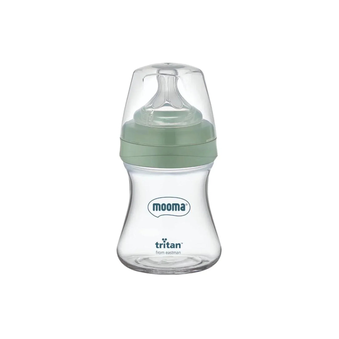 Mooma Neutra Tritan Bottle Slow Flow 0-6 months 150ml in Sage Green – BPA-free Tritan baby bottle with flexible spiral slow-flow teat for natural breast-like latch, dual air-vent anti-colic valve, 150ml capacity for newborns aged 0-6 months