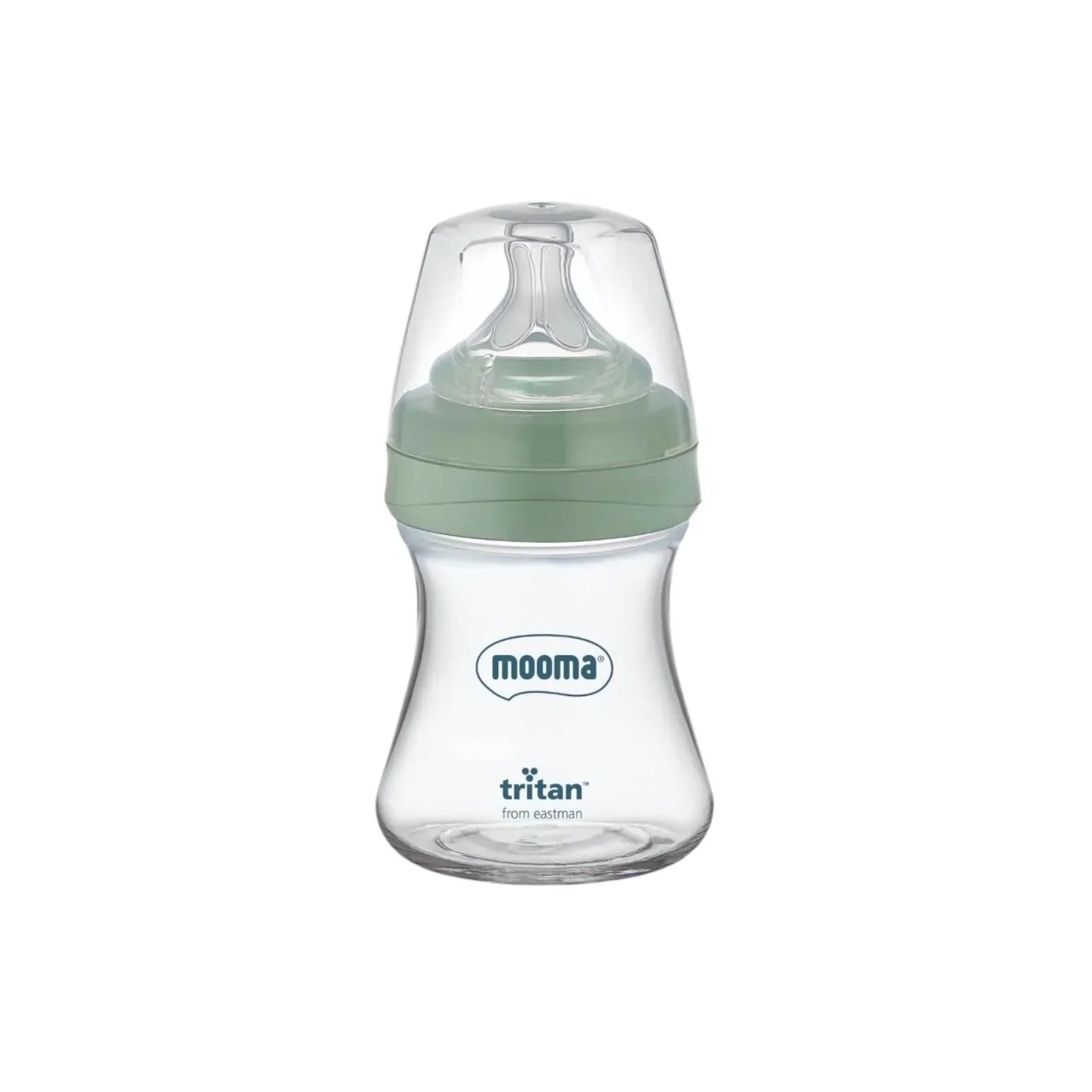 Mooma Neutra Tritan Bottle Slow Flow 0-6 months 150ml in Sage Green – BPA-free Tritan baby bottle with flexible spiral slow-flow teat for natural breast-like latch, dual air-vent anti-colic valve, 150ml capacity for newborns aged 0-6 months