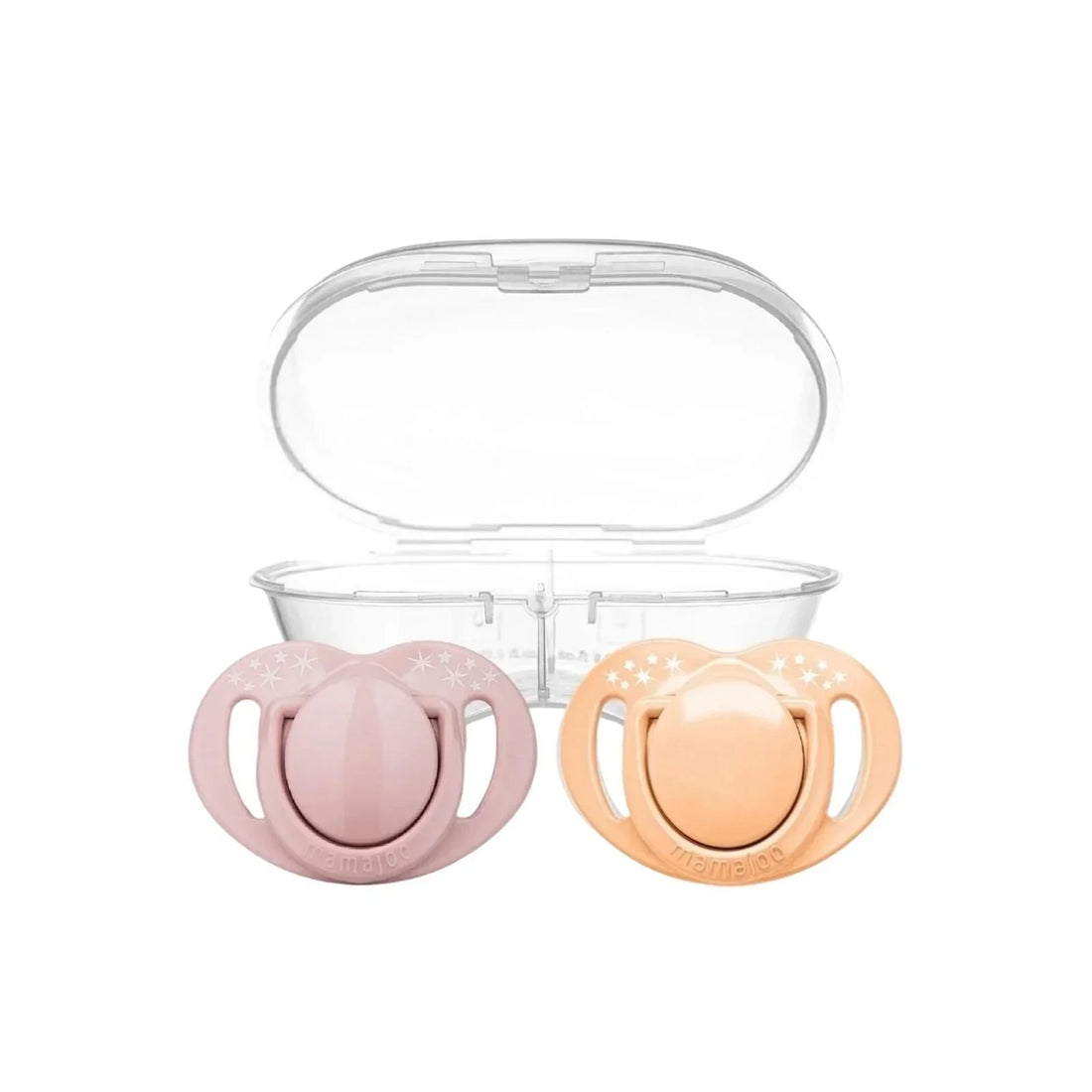 Mamajoo Orthodontic Soothers with Steriliser Box 12+ months Pack of 2 in Powder Pink and Blush, shown in their hygienic storage case