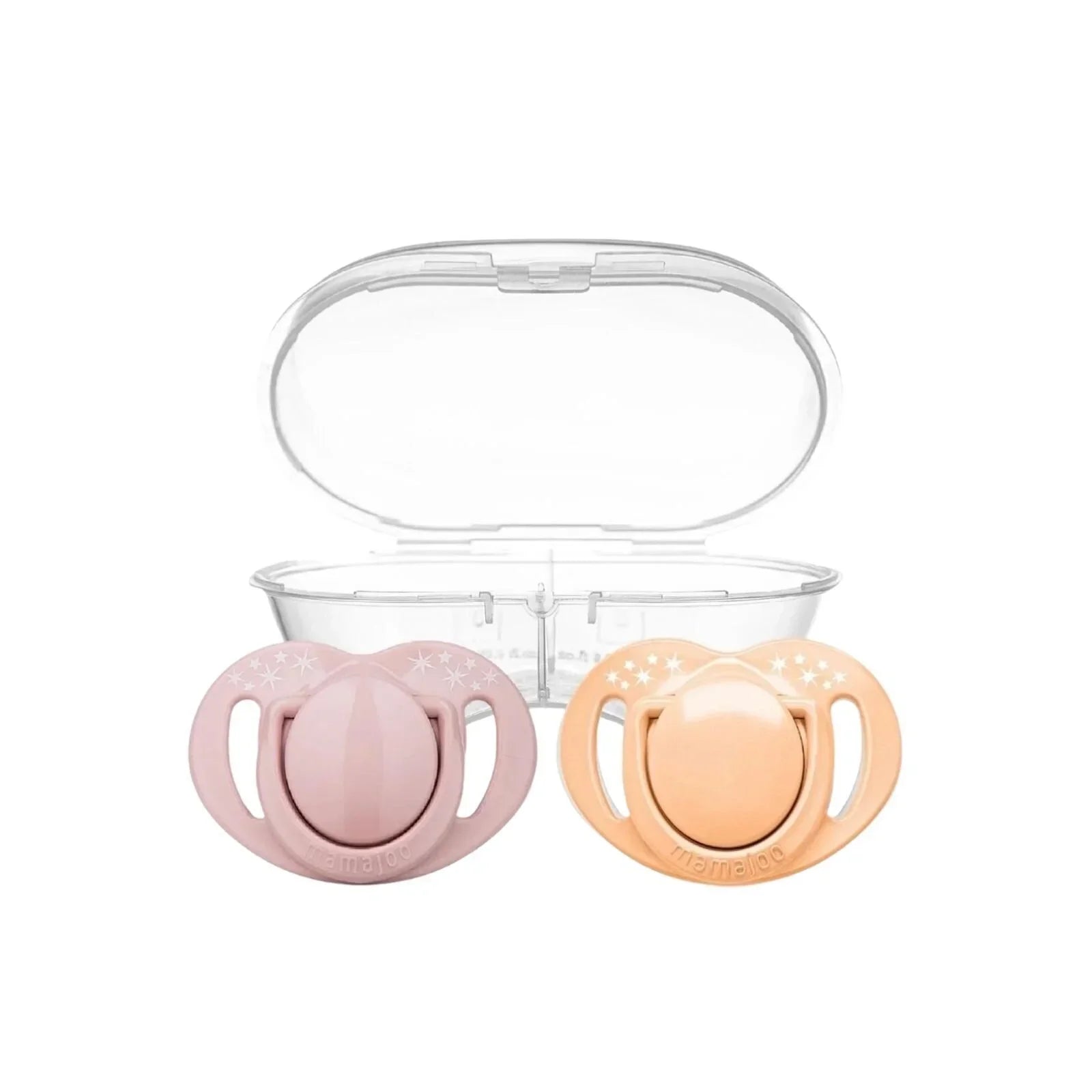 Mamajoo Orthodontic Soothers with Steriliser Box 12+ months Pack of 2 in Powder Pink and Blush, shown in their hygienic storage case