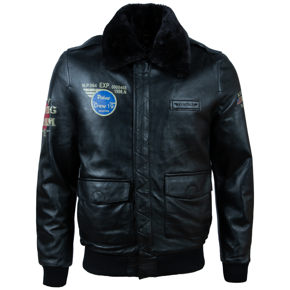G5SQ Men's Aviator Jacket in black with black fur collar — premium genuine sheep nappa leather bomber jacket with printed badges, removable fur collar and zip snap button fastening