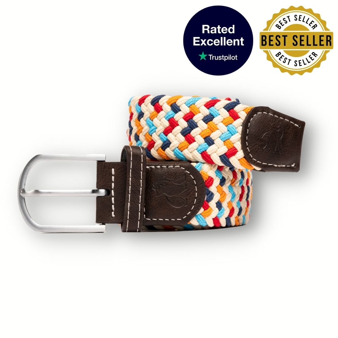 Swole Panda Recycled Woven Belt in black shown worn with casual chinos, the low-profile brushed zinc-alloy buckle and woven REPREVE fibre construction visible