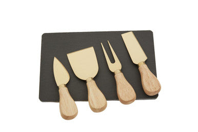 Orsina Carter Slate Cheese Board with 4-Piece Gold Knife Set – dark slate serving board styled with cheese, fruit and crackers, gold finish stainless steel knives with rubberwood handles