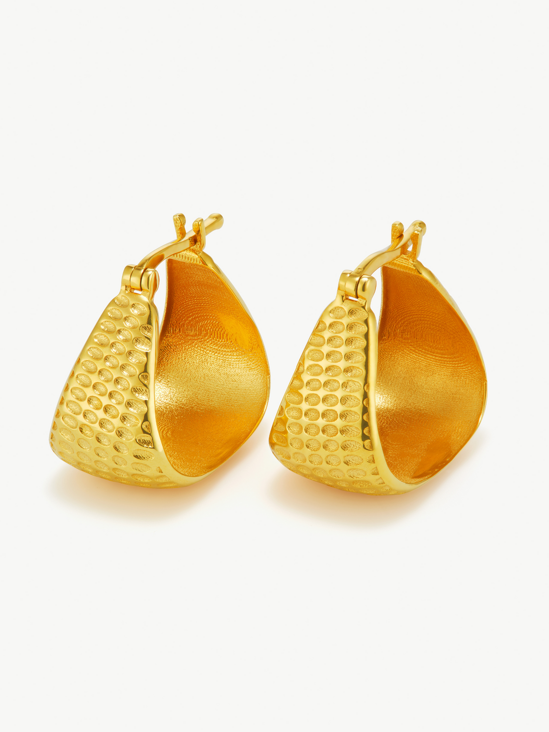 No More Nobody Angela Gold Vermeil Angular Hoop Earrings in recycled 925 sterling silver with 18k gold vermeil finish showing the Art Deco angular geometric design with hammered linear texture