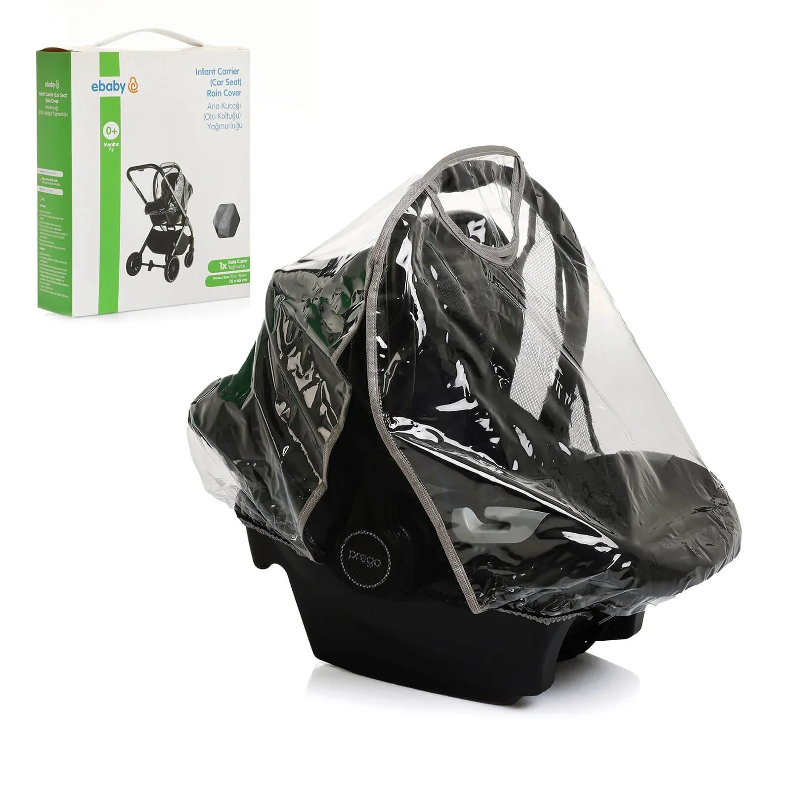 ebaby Baby Carrier Raincover – universal fit stroller and pram rain cover with tie-down strings for windy weather, suitable from birth, easy to attach and remove, protects baby from rain in any pushchair or pram