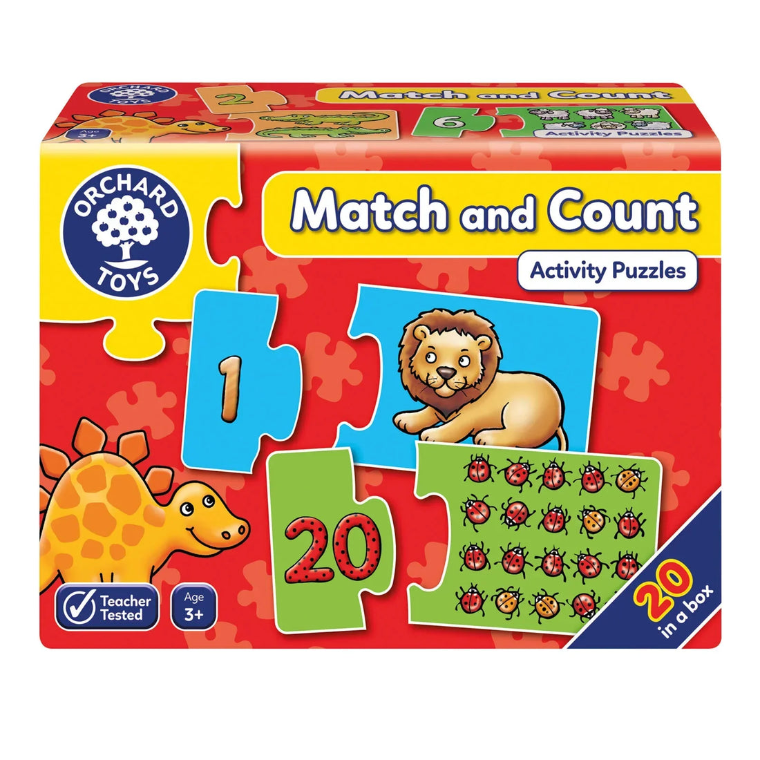Orchard Toys Match And Count Jigsaw Puzzle box and puzzle pieces spread out showing the number matching cards from 1 to 20 with colourful picture illustrations