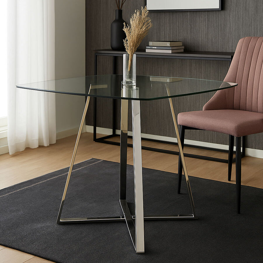 Dine in Style: The Orsina Metropolitan Square Glass Dining Table with Silver Metal Base