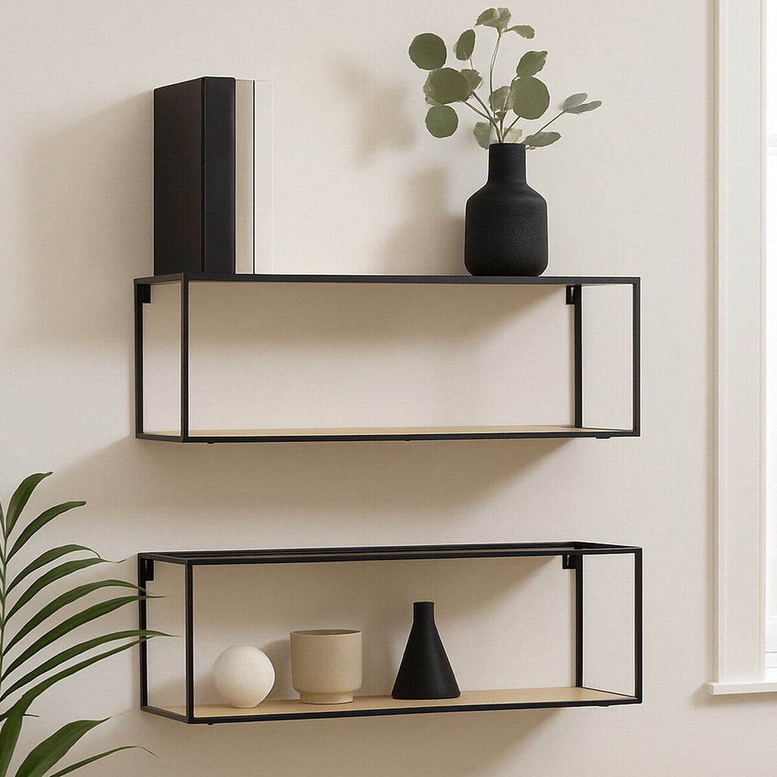 The Shelves That Appear to Float – Orsina Brixton Set of 2 Satin Black Metal & Wood Floating Cuboid Shelves for £43.95