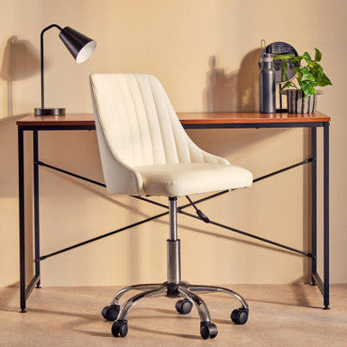 Orsina Brent Off White Faux Leather Swivel Home Office Desk Chair – modern minimalist off-white faux leather chair with swivel base styled in a bright home office setting