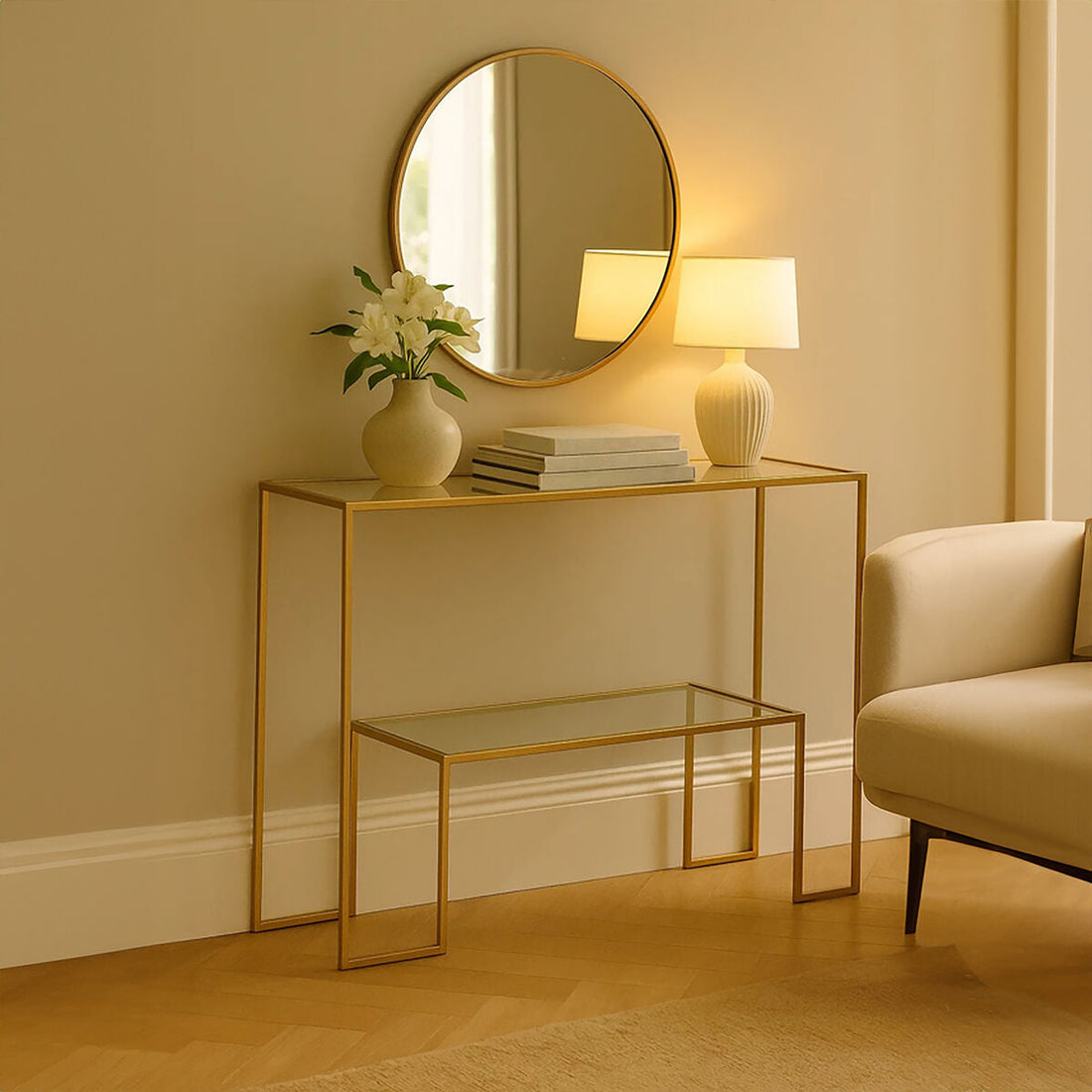 Orsina Avento Gold Console Table – The Two-Tier Glass and Gold Entryway Statement That Changes Everything