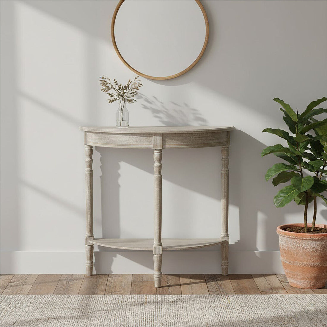 Curve Appeal: The Orsina Heritage Half Moon Console Table in Natural Pine Wood