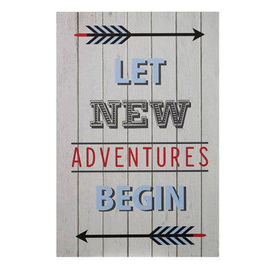 Orsina Kids Let New Adventures Begin Wall Plaque in grey wood with colourful typography, displayed on a children's bedroom wall