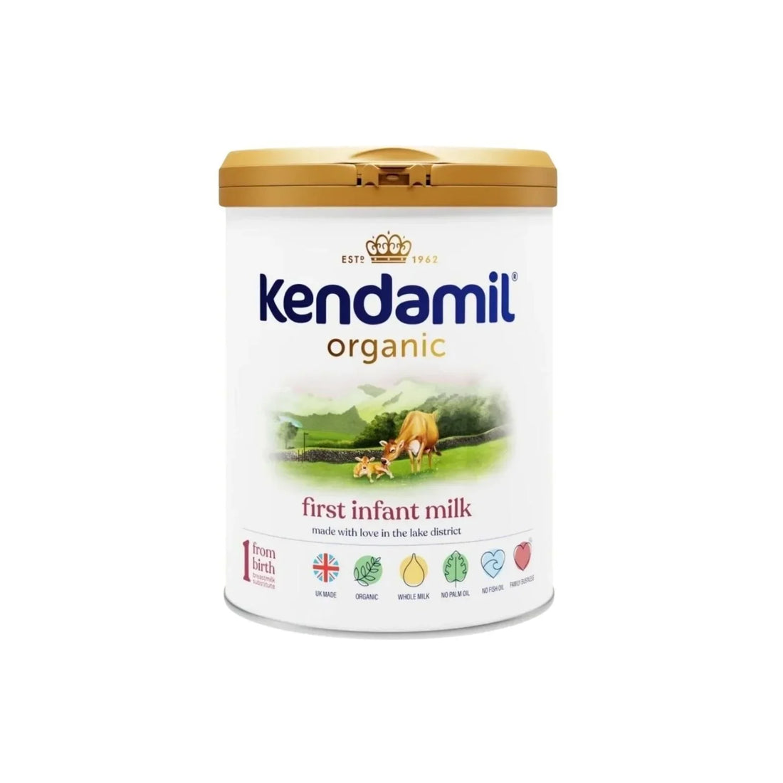 Kendamil Stage 1 Organic First Infant Milk Formula 800g tin on a clean white surface