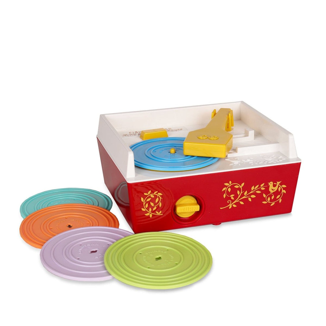Fisher Price Classic Record Player toy in yellow and red showing the turntable with a colourful record, carrying handle and the iconic design originally introduced in 1971