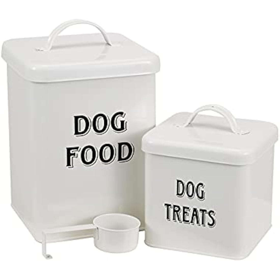 Morezi Farmhouse Pet Food and Treats Container Set in cream powder-coated carbon steel with matching scoop styled on a kitchen counter