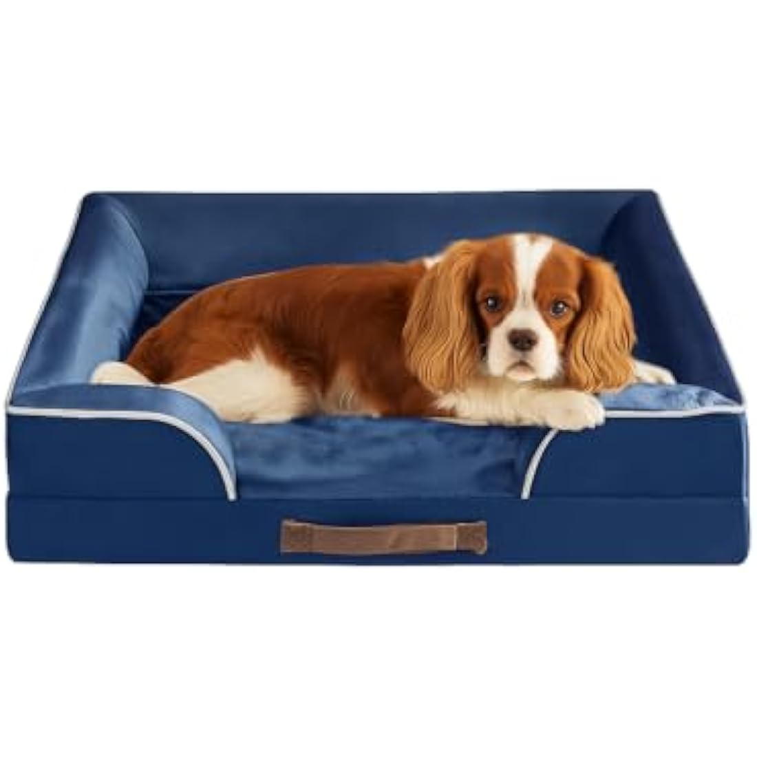 Orthopedic Memory Foam Dog Bed with waterproof bolster sofa design in navy blue – dual-layer memory and orthopedic foam base with U-shaped 3-sided bolster, removable zipper cover and faux leather handle
