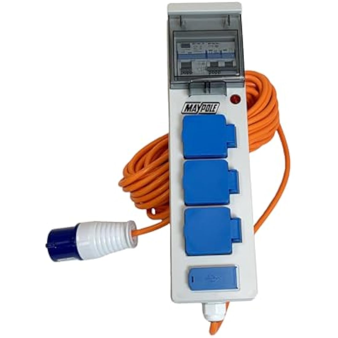 Maypole 230V Mobile Mains Power Unit with 15m high visibility orange cable 3 UK pin sockets USB ports and built-in RCD circuit breaker for caravans campervans and camping