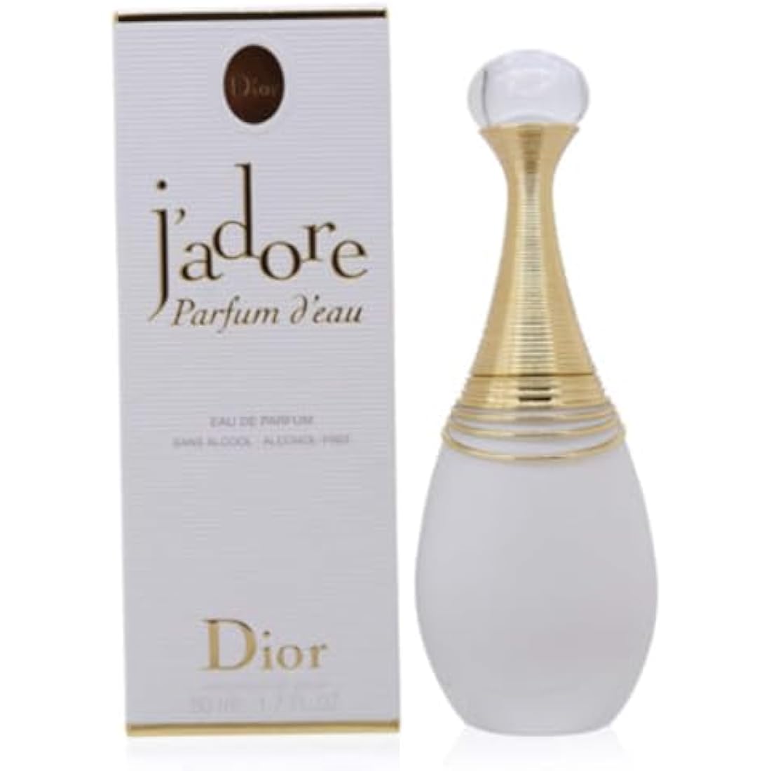 Dior J'adore Parfum d'Eau 50ml alcohol-free floral fragrance spray bottle showing the iconic Dior design and the innovative alcohol-free formula for sensitive skin