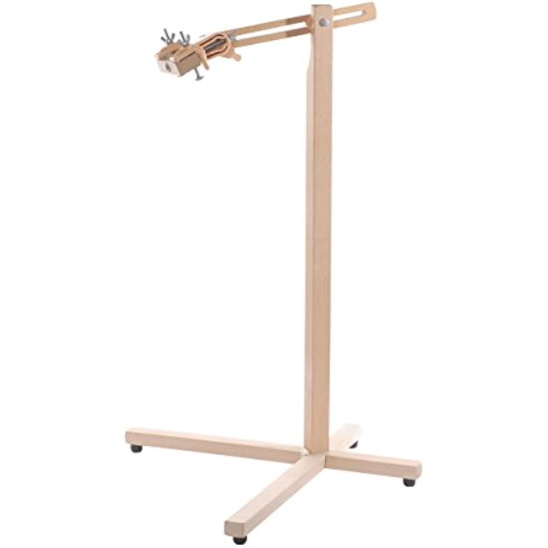 Elbesee Posilock Floor Stand in solid beechwood — adjustable height and reach with non-slip positive locking joints, holding an embroidery hoop hands-free