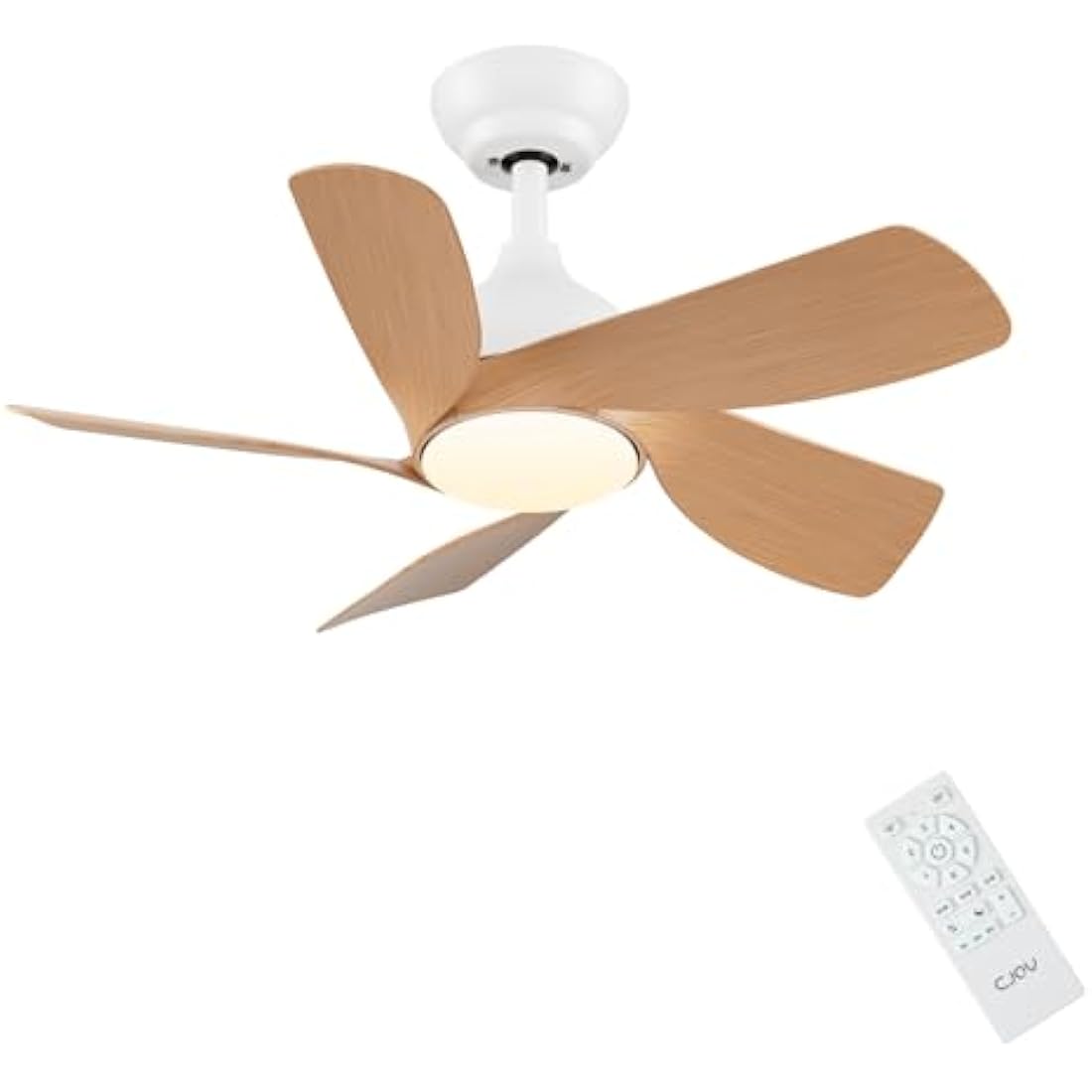 CJOY 30 inch woodgrain ceiling fan with dimmable light 6-speed quiet DC motor reversible 5 blades for bedroom