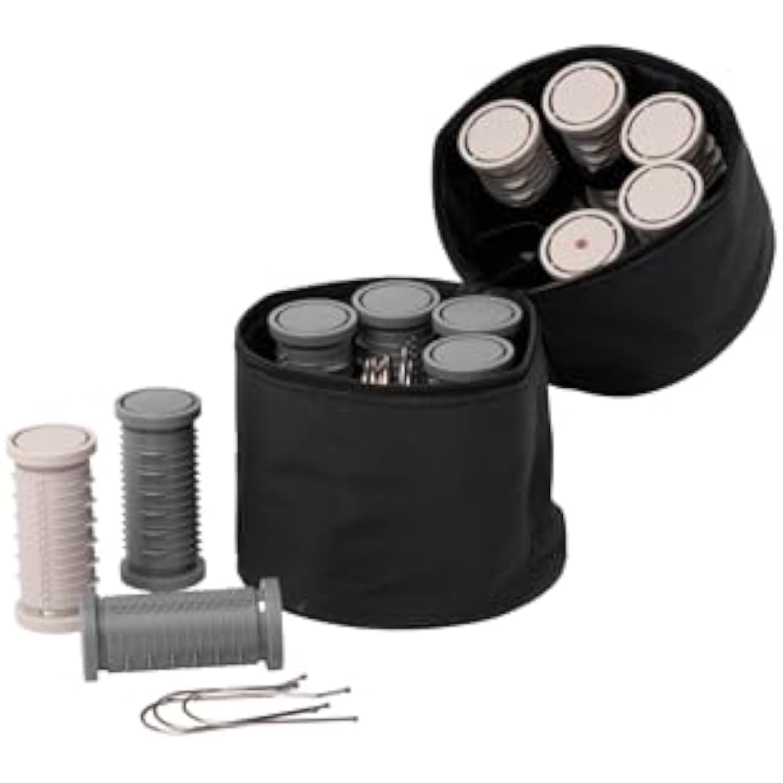 Nicky Clarke Classic Compact Hair Rollers set laid out showing the range of roller sizes included in the portable styling kit
