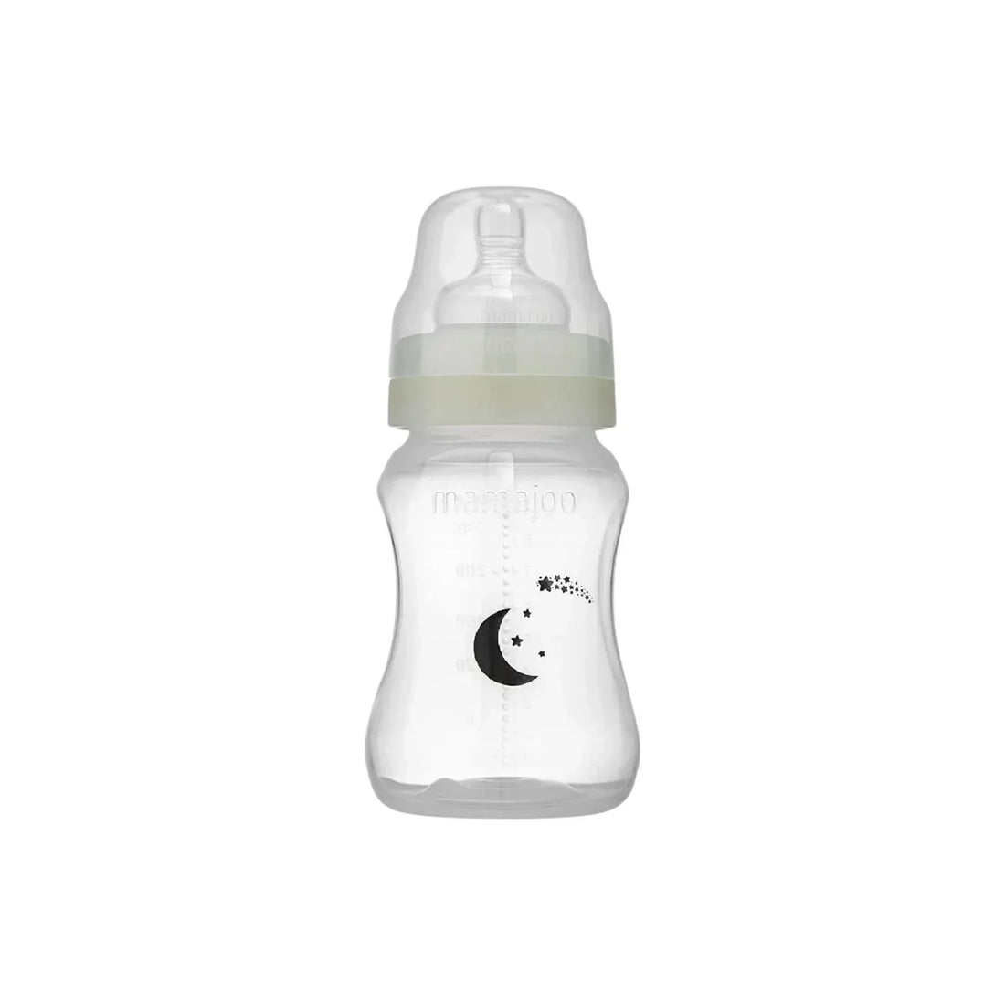Mamajoo Anti-Colic Glow PP Baby Bottle 250ml showing the glow-in-the-dark ring, breast-shaped silicone teat, anti-colic valve and BPA-free PP construction for 6 months and above