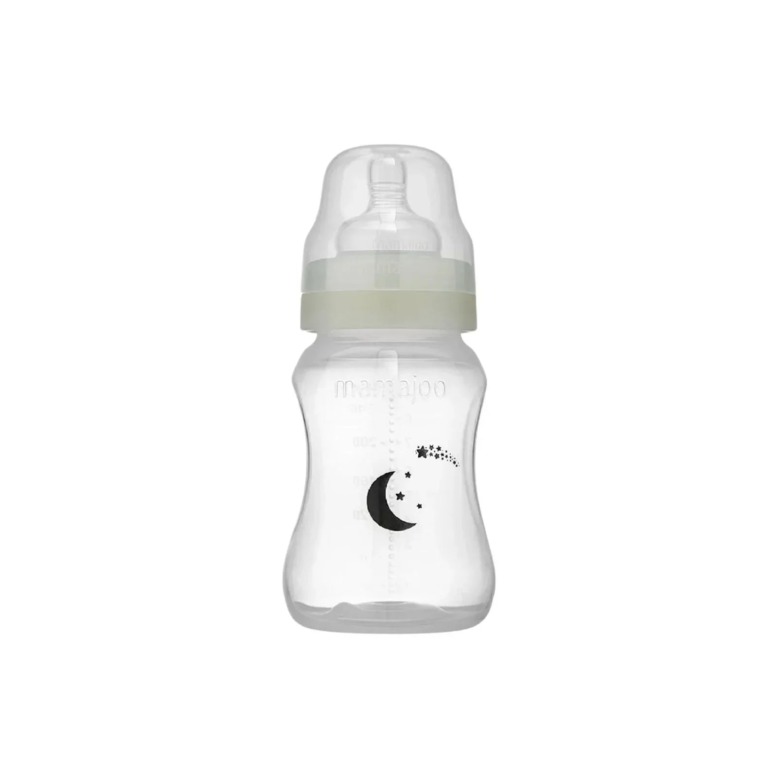 Mamajoo Anti-Colic Glow PP Baby Bottle 250ml showing the glow-in-the-dark ring, breast-shaped silicone teat, anti-colic valve and BPA-free PP construction for 6 months and above