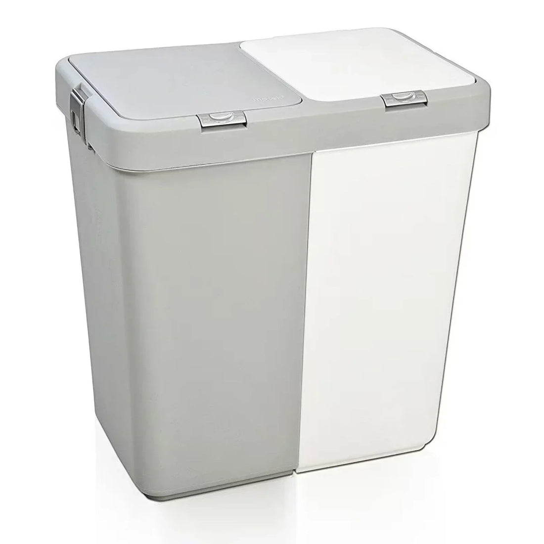 Motek Multi-Purpose Double Compartment Laundry Basket 80lt – white and grey with automatic push-button lid system, water and steam resistant, 55 x 35.5 x 58.5 cm, two separate sorting sections