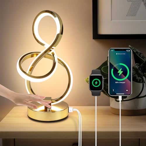 Modern LED Table Lamp in gold with dimmable touch control and USB charging ports shown on a clean desk in a home office setting, warm light illuminating the workspace