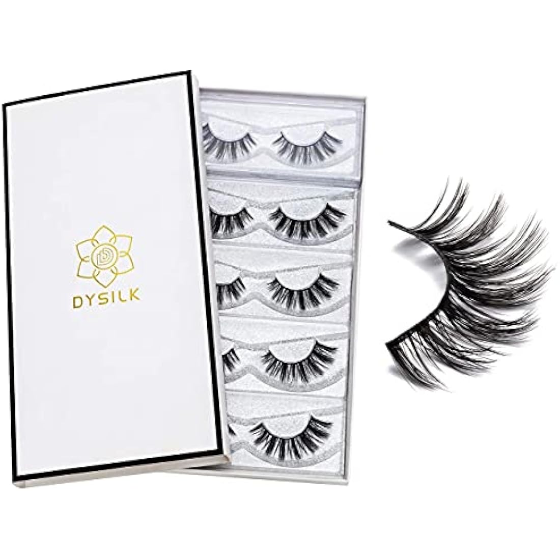 DYSILK 5D Wispies false eyelashes shown in packaging, handmade reusable synthetic lashes with natural wispy look