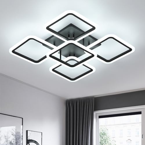 Comely Modern LED Ceiling Light 61W 5-Square Black Chandelier installed in a living room showing the geometric five-square design and crisp 6500K cool white illumination