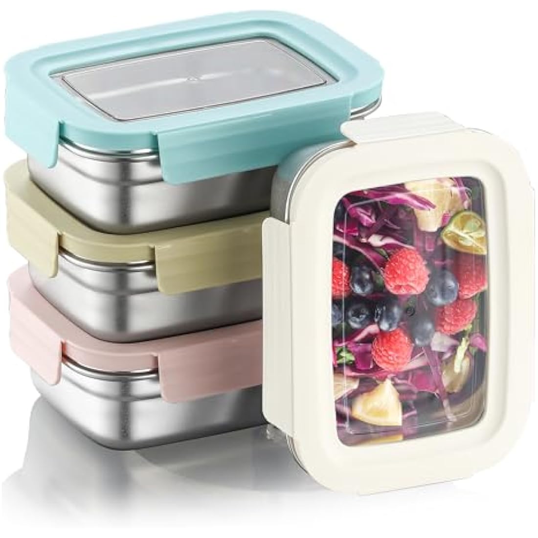 Misichao Stainless Steel Food Storage Containers 4 pack 650ml leakproof bento box set with BPA-free silicone sealed lids showing the stackable meal prep containers