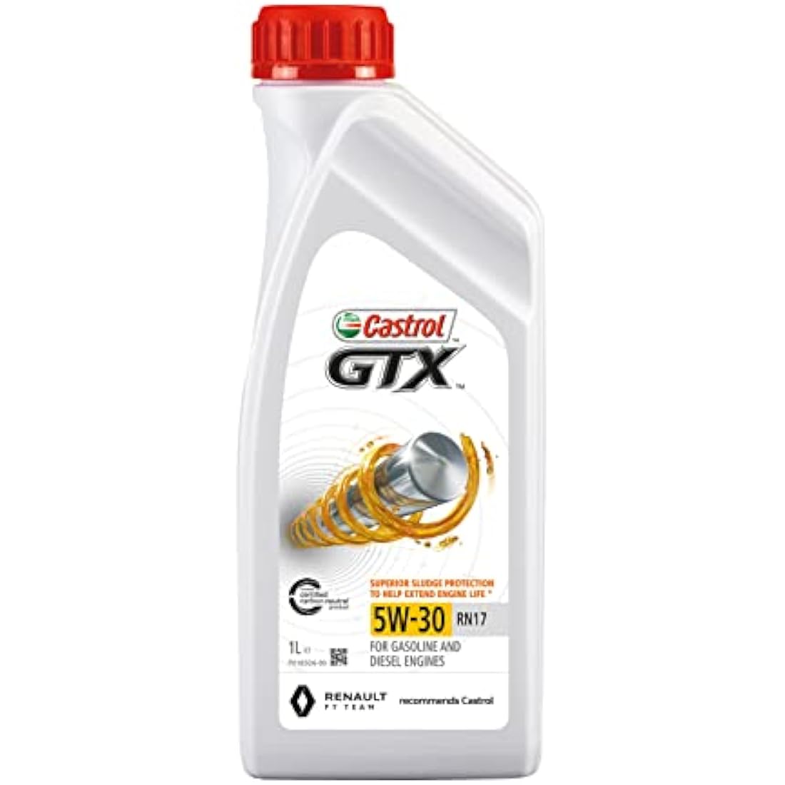 Castrol GTX 5W-30 RN17 Synthetic Engine Oil 1L bottle showing the label, specification details and compact packaging for top-ups and emergency use