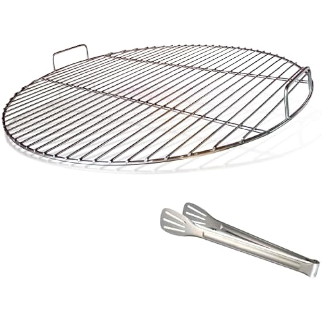 54.5cm stainless steel round cooking grate with handle shown for 57cm kettle charcoal grill compatible with Weber barbecue
