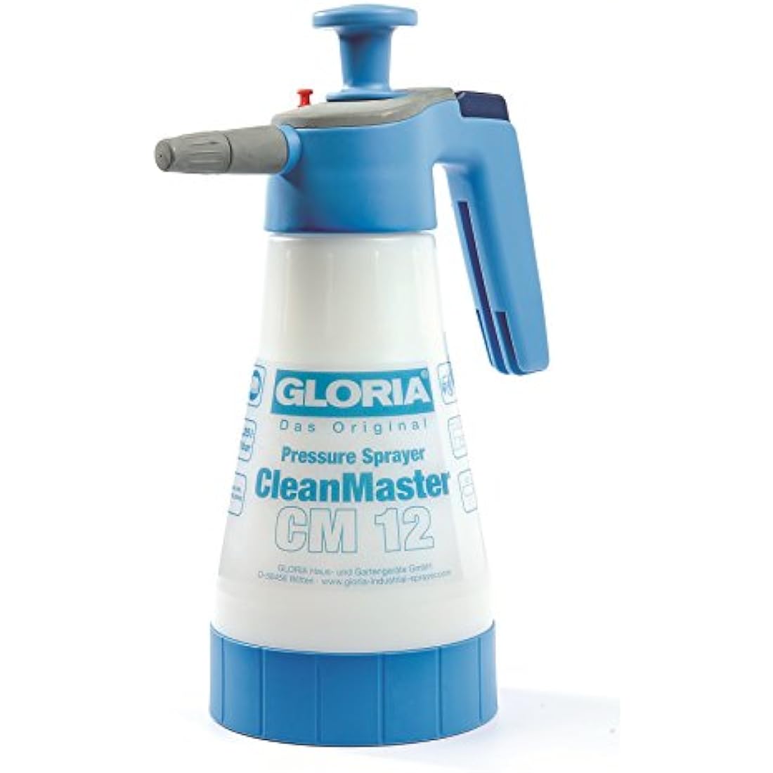 Gloria CleanMaster CM12 Hand Sprayer in white and blue showing the 1.25L ergonomic pressure sprayer with adjustable hollow cone nozzle and ergonomic handle