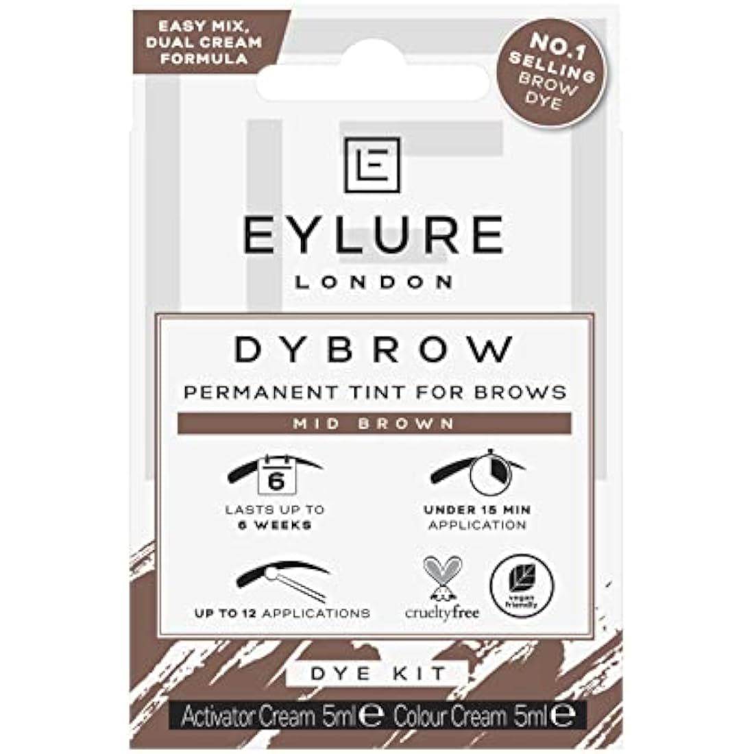 Eylure Dybrow Permanent Eyebrow Tint Kit in Mid Brown – complete at-home brow tinting kit with colour cream, activator cream and mascara wand for salon-quality defined brows