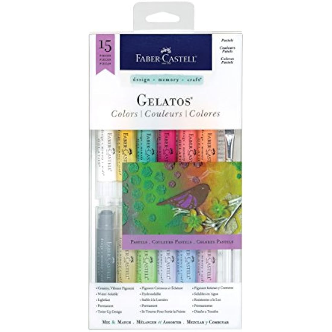 Faber-Castell Gelatos Pastels Kit – 15 piece mixed media art set with 12 gelatos, sponge wedges, brush and storage box