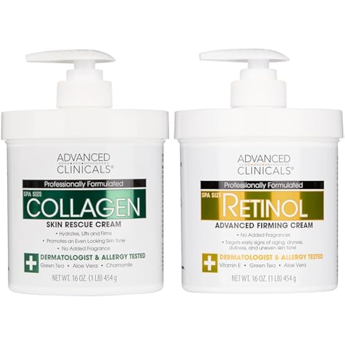 Advanced Clinicals Retinol and Collagen Anti-Aging Set 16oz Pack of 2 — dual-action skincare set with retinol cream for texture and wrinkles and collagen moisturiser for firmness, spa-sized jars for face and body