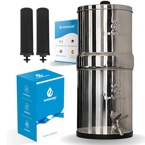 EuroGuard Gravity Water Filter System 8.5L 304 stainless steel purifier with two carbon filter cartridges and premium metal tap