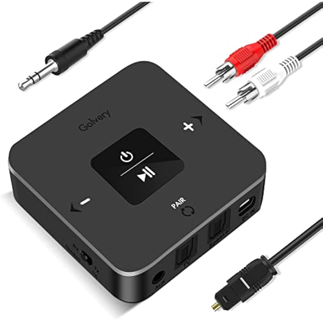 Golvery Bluetooth 5.0 transmitter receiver 2-in-1 adapter shown with optical RCA and AUX connections for TV and home stereo
