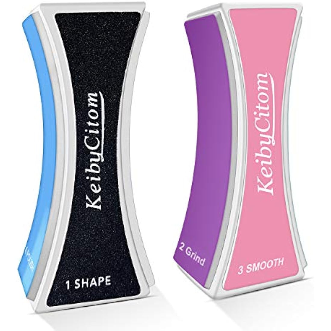 Professional 4-way nail buffer block set of 2 shown with four coloured sides for filing shaping smoothing and shining natural nails