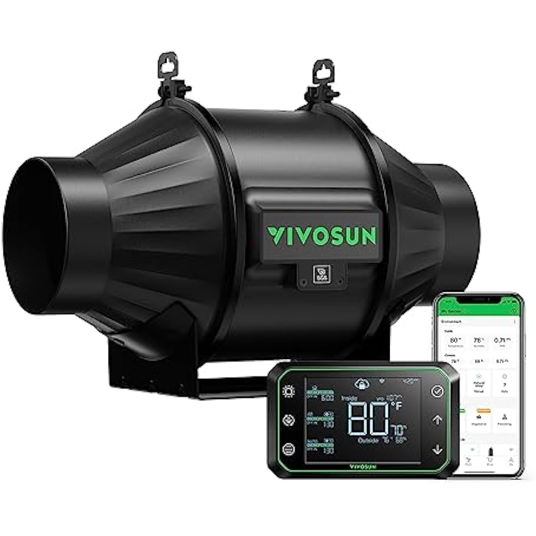 VIVOSUN 100mm inline duct fan with GrowHub E42A WLAN controller for grow tents and hydroponics VPD monitoring