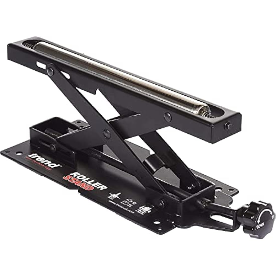 Trend Adjustable Mitre Saw Roller Stand with ball bearing roller and height adjustment from 50mm to 160mm — 62kg capacity workshop support stand