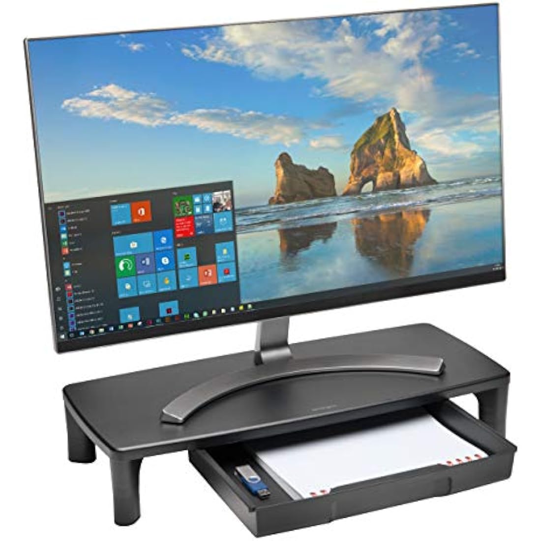 Kensington SmartFit monitor stand with A4 drawer shown on a home office desk, ergonomic monitor riser with built-in storage for desk accessories