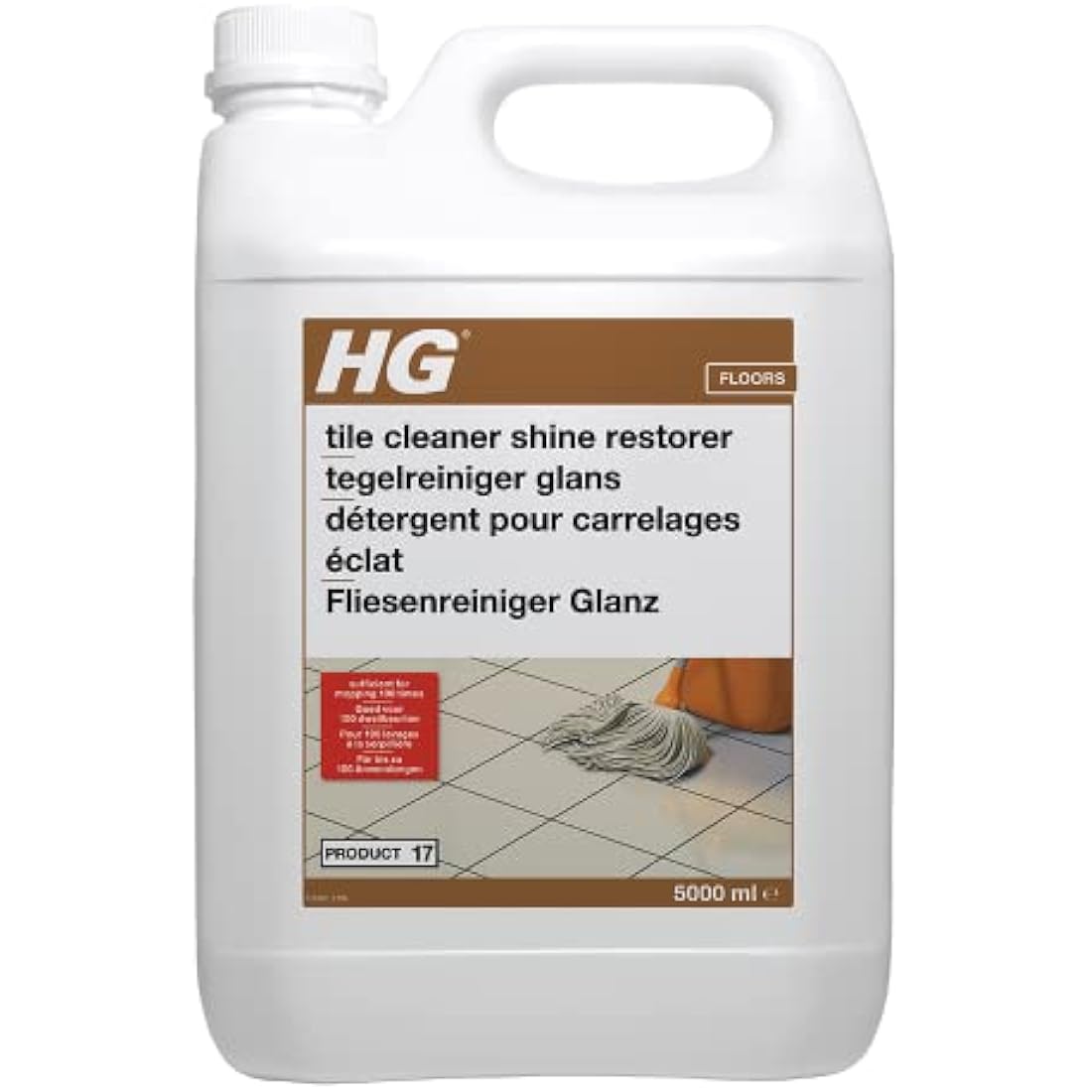 HG Tile Cleaner Shine Restorer 5L — highly concentrated mopping formula for tiled and natural stone floors, 50ml per half bucket gives approximately 100 washes, streak-free shine