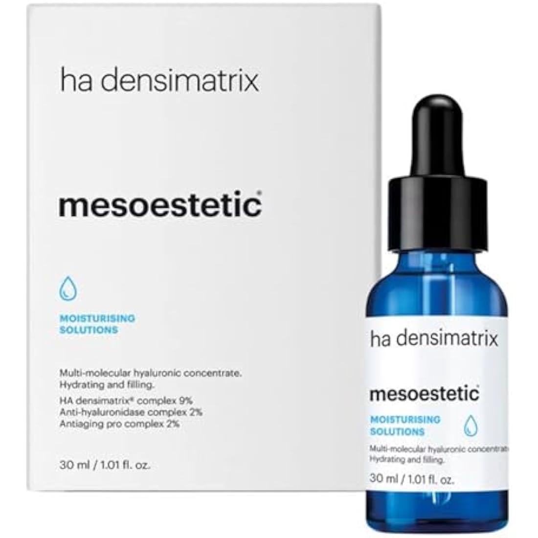 Mesoestetic HA Densimatrix Hyaluronic Acid Skin Serum 30ml bottle on a clean white surface showing the professional-grade packaging