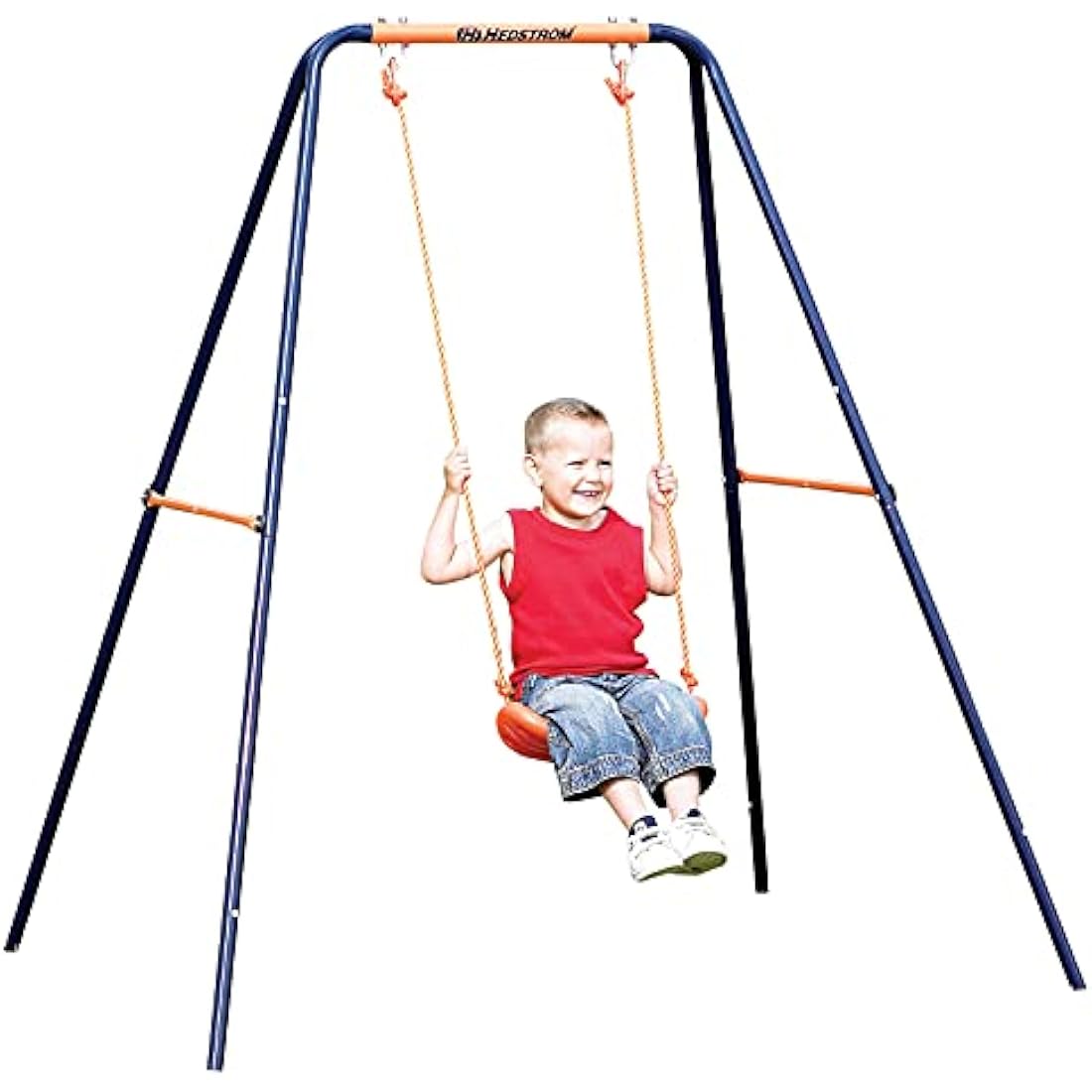 Hedstrom Single Play Garden Swing with powder-coated steel frame set up in a sunny back garden