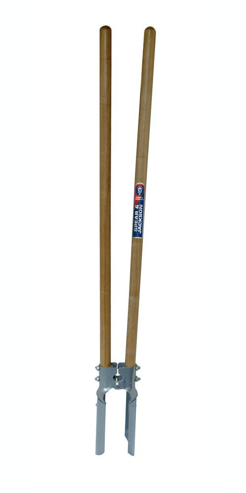 Spear and Jackson post hole digger with hardened steel oval mouth and weatherproofed ash wood handles - professional fencing and landscaping tool